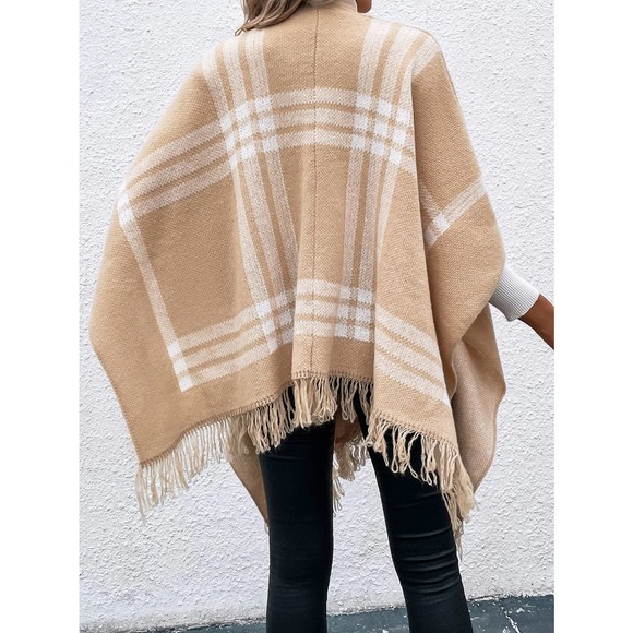 Plaid Batwing Sleeve Fringe Trim Duster Cardigan poncho black white - Picture 3 of 5